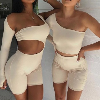 2020 Winter Autumn Women Sexy Fitness Jumpsuit One Shoulder Skinny Bodycon Solid Sport Romper Playsuit for Women S-L